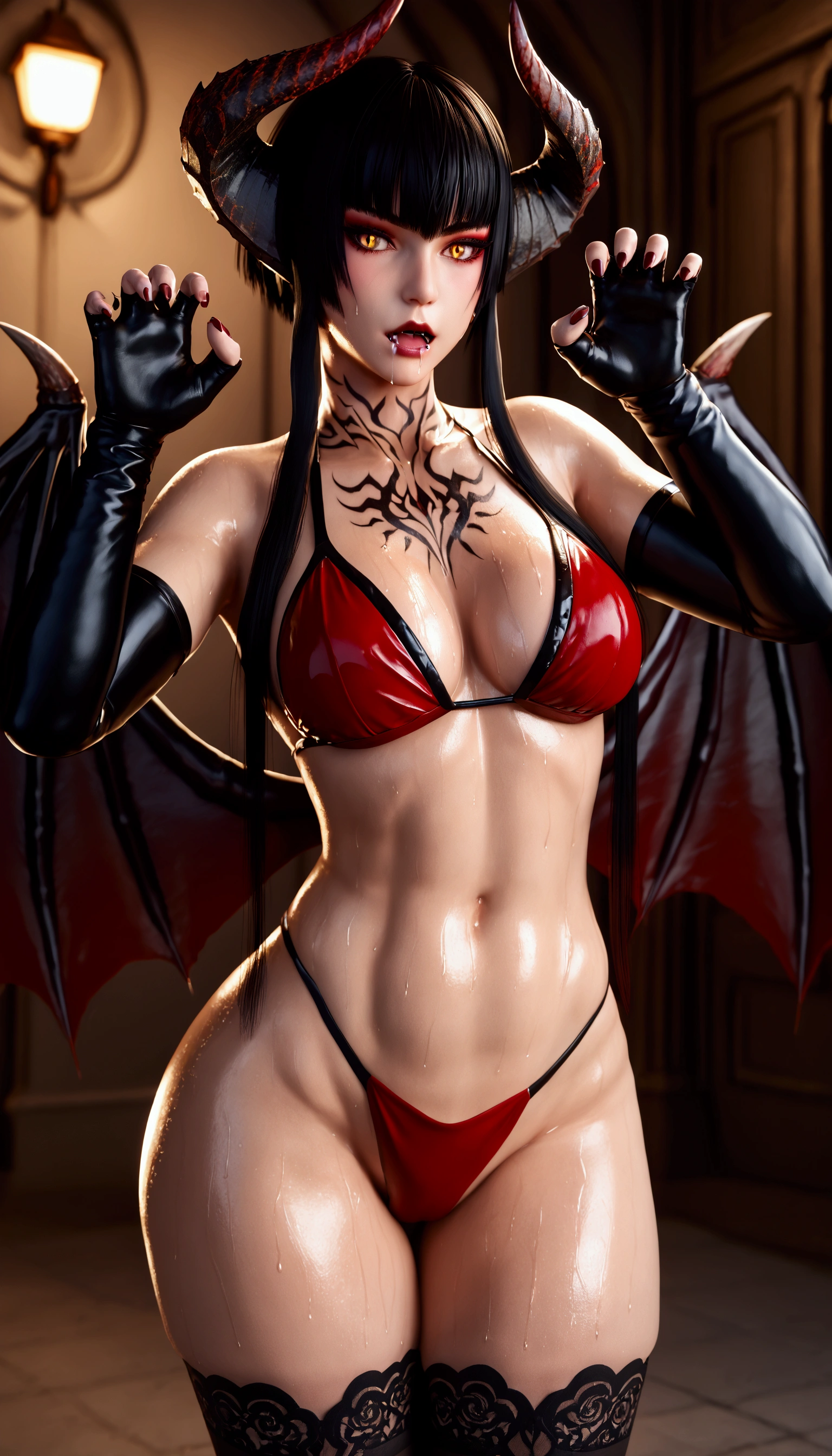 (asura style:0.7), score_9, score_8_up, score_7_up, score_6_up, uncensored, Elize , Elize \(tekken\), black hair, blunt bangs, short hair with long locks, makeup, chest tattoo, vampire, demon horns, yellow eyes, pale skin, neck tattoo, slit pupils, horns, BREAK glow effects, godrays, Hand drawn, render, 8k, octane render, cinema 4d, blender, dark, atmospheric 4k ultra detailed, cinematic, Sharp focus, big depth of field, Masterpiece, colors, 3d octane render, 4k, concept art, trending on artstation, hyperrealistic, Vivid colors, extremely detailed CG unity 8k wallpaper, trending on CGSociety, Intricate, High Detail, dramatic, excessive sweating, sweating profusely, sweating drop BREAK, 1girl, breasts, solo, horns, wings, navel, gloves, cleavage, thighhighs, open mouth, blush, black gloves, elbow gloves, cosplay, low wings, looking at viewer, demon girl, halloween costume, demon wings, demon horns, black thighhighs, thighs, bikini, claw pose, swimsuit, sweatdrop, fangs, drooling,