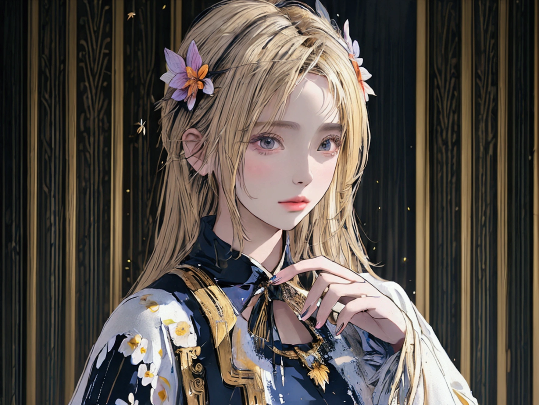 ((best qualityer)), ((work of art)), ((cinematic)), (detailded), blonde Greek princess, wearing an ancient Greek cloak, very detailed butterfly wings, surrounded by flowers, She has a serene look on her face., rosto super detailded