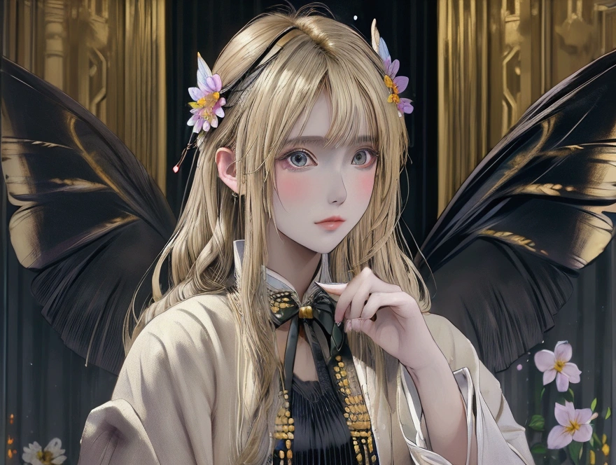 ((best qualityer)), ((work of art)), ((cinematic)), (detailded), blonde Greek princess, wearing an ancient Greek cloak, very detailed butterfly wings, surrounded by flowers, She has a serene look on her face., rosto super detailded