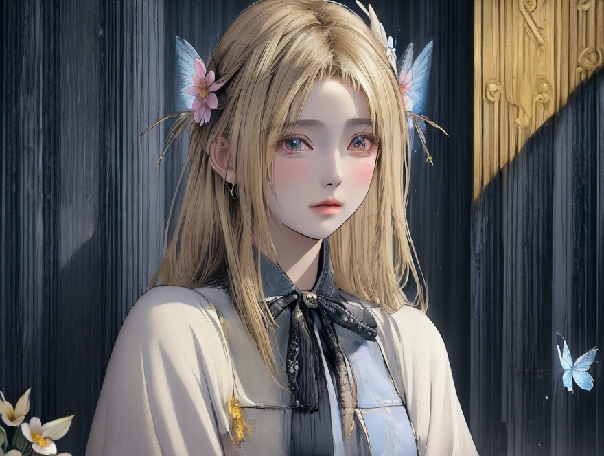 ((best qualityer)), ((work of art)), ((cinematic)), (detailded), blonde Greek princess, wearing an ancient Greek cloak, very detailed butterfly wings, surrounded by flowers, She has a serene look on her face., rosto super detailded