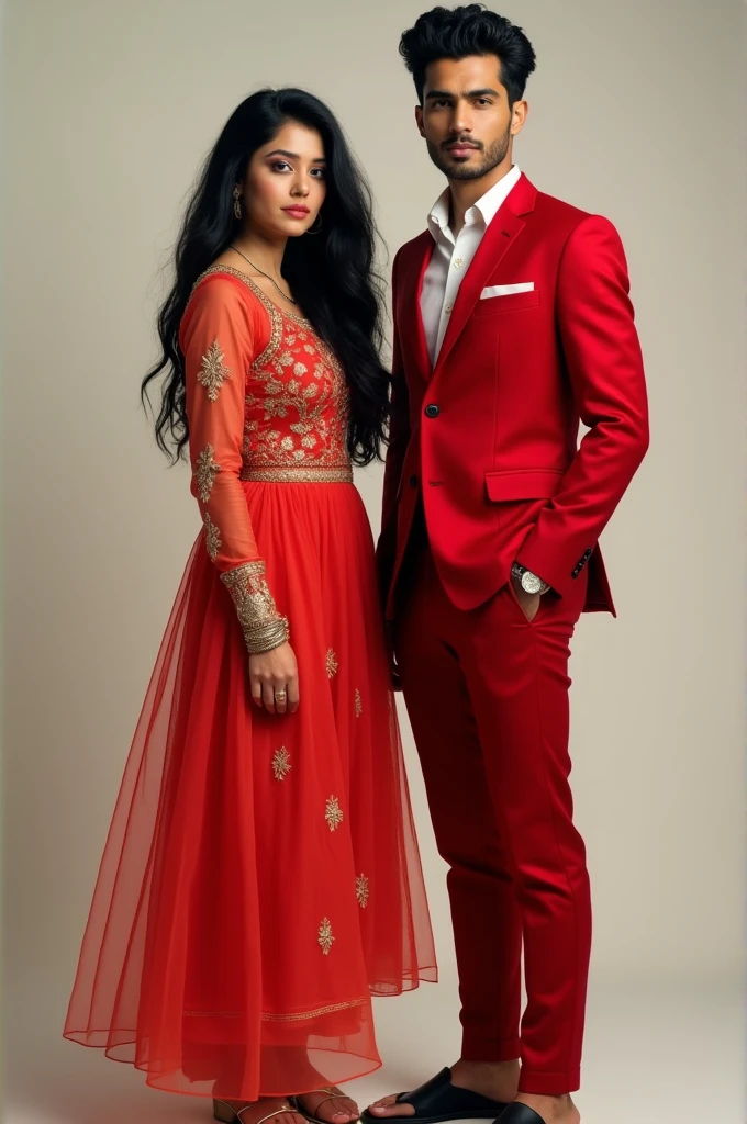 punjabi girl black hair dark eyes . Young man, red suit, black sandals. pretty Full photo from head to toe