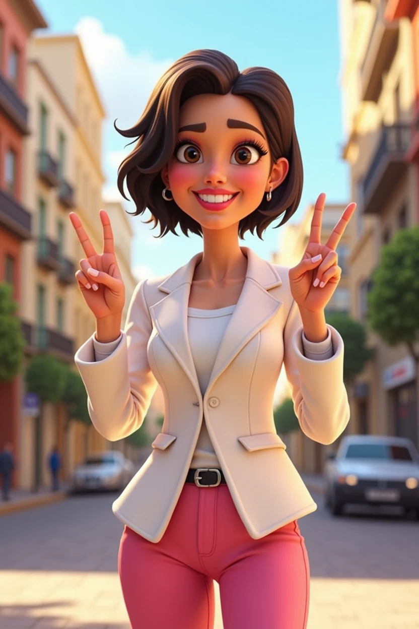 FULL-BODY WOMAN IN PIXAR CHARACTER STYLE, WITH SHORT DARK BROWN HAIR TO HER SHOULDERS, skin fair, dark shaped eyes, smiling showing teeth, WEARING A WHITE BLAZER, PINK WOMEN'S DRESS PANTS, WEARING BLACK SHOES, MAKING THE LETTER V WITH HER FINGERS, CITY COUNCILWOMAN, WITH A CITY BACKGROUND, CITY OF CAMPO LARGO 