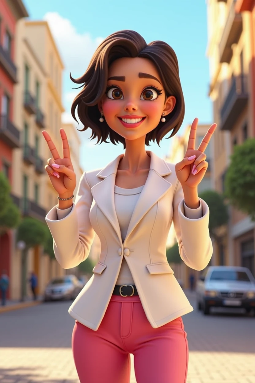 FULL-BODY WOMAN IN PIXAR CHARACTER STYLE, WITH SHORT DARK BROWN HAIR TO HER SHOULDERS, skin fair, dark shaped eyes, smiling showing teeth, WEARING A WHITE BLAZER, PINK WOMEN'S DRESS PANTS, WEARING BLACK SHOES, MAKING THE LETTER V WITH HER FINGERS, CITY COUNCILWOMAN, WITH A CITY BACKGROUND, CITY OF CAMPO LARGO