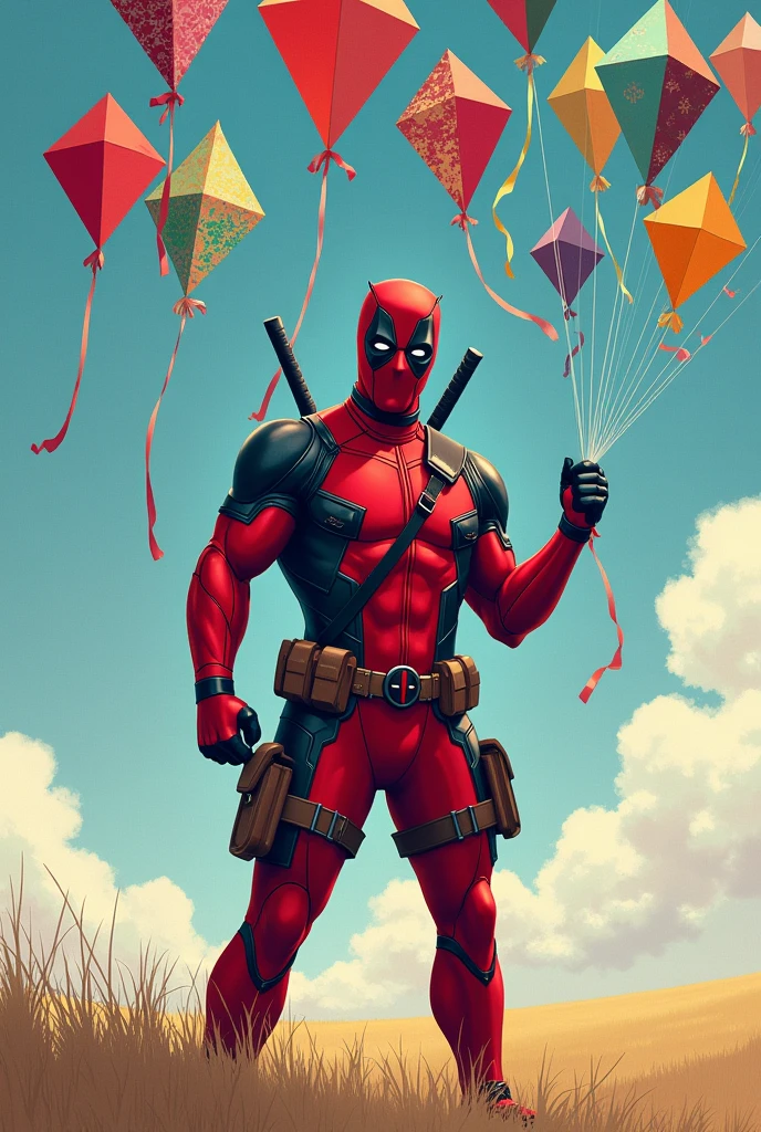 Deadpool with 40 kites in his hand