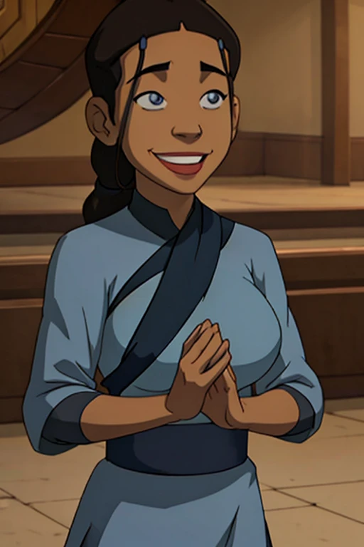 Katara from avatar the last Airbender hypnotized and dressed up as Joo Dee with large breasts and smiling