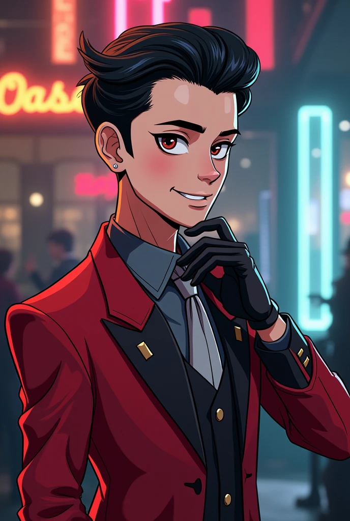 ((Hazbin hotel toon style image)) In Hazbin Hotel, Amadeus has a striking appearance with a crimson and grey outfit, reminiscent of a pianist, complete with leather gloves. His hair is slicked back and dark. ((Hazbin Hotel Toon Style image))