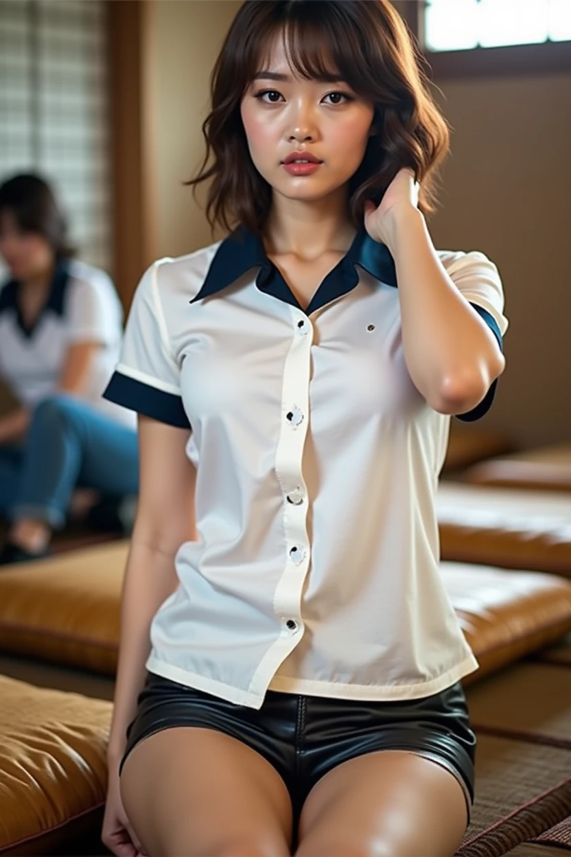 ((Japanese actress)) ((Plump and Shiny Lips)) Big Breasts ((Short brown hair with bangs)) ((Looking into the camera)) Sit with your legs apart ((White button shirt and black enamel tight skirt)) Low-angle shot of a person standing facing forward look down ((A bedroom with shoji and tatami mats lit up in pink neon lights))