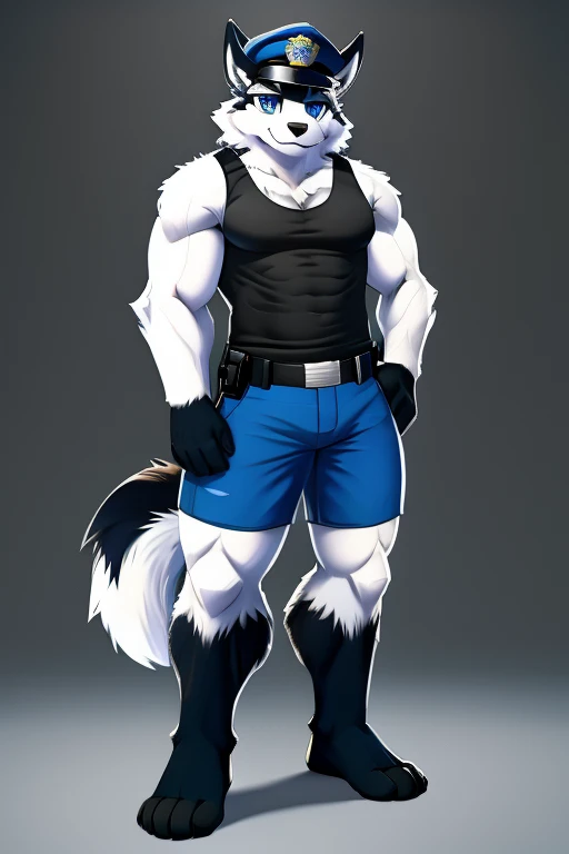Alaskan Malamute Dog, blue eyes, muscular, Police cap, black sleeveless shirt, shorts negros