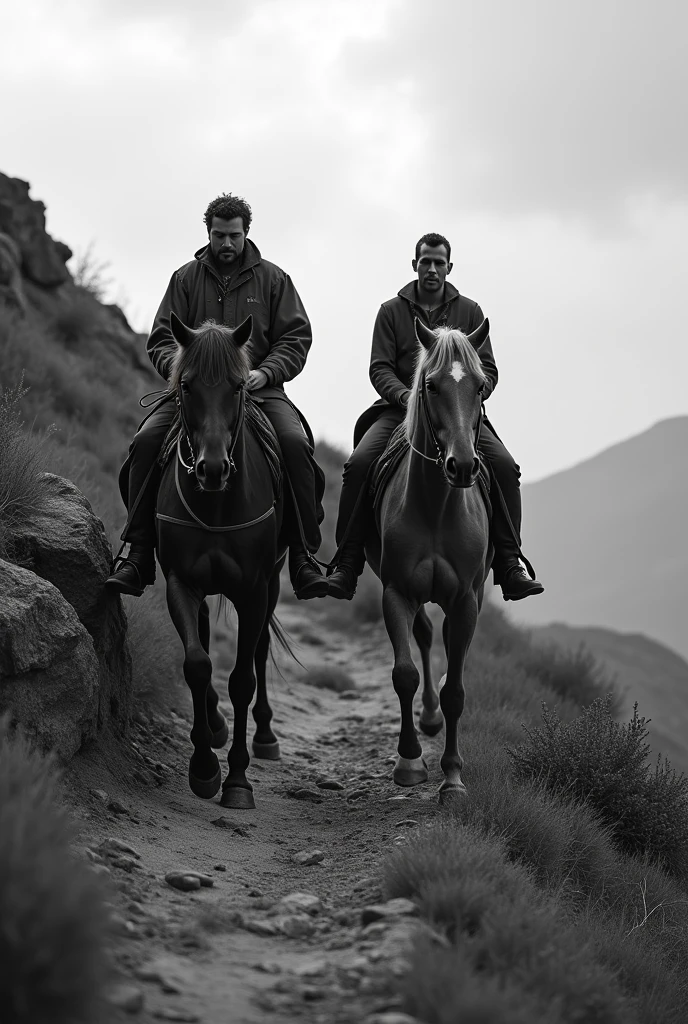 Realistic black and white image of two men riding horses up a hill