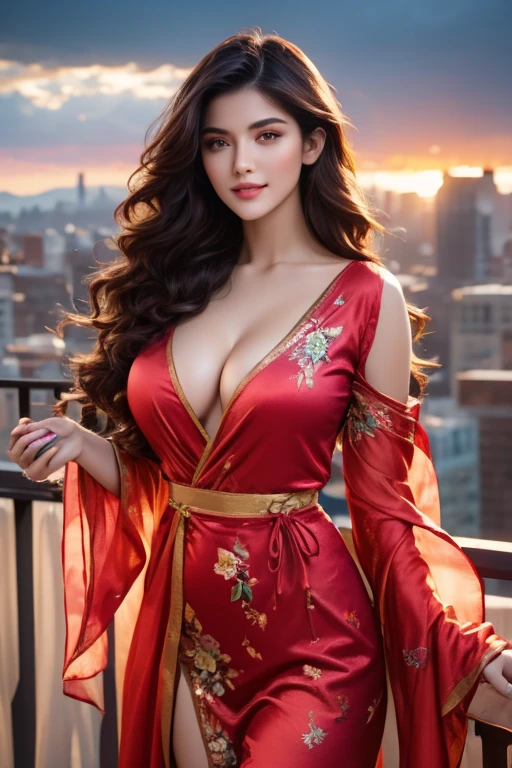 score_9,score8_up, ((head to thigh portrait)), (majestic:1.5),(uhd:1.3), (best quality,highres,masterpiece:1.2), ultra-detailed, (realistic, photorealistic, photo-realistic:1.37),Masterpiece, generate a hyper realistic image of a stunning and sensual woman, perfect natural body, slender but curvy, very detailed shinning long hair, curls hair, messy hair, very detailed brown black glossy eyes, detailed sharp nose, detailed white glistening teeth, detailed perfect symmetrical face, detailed perfect natural round medium breasts,intricate fabric rendering, Cinematic lighting, ultrarealistic, photography, long red hair, woman, 24 years old, hourglass figure, perfect body, Flirty look, natural medium breasts, blur background, ((she is standing on a balcony with a great view over the city)), it is early morning, sun is rising, she only wears a pink see-through silk robe, ((she is holding a cup of coffee in her hands)), ethereal light, intricate details, extremely detailed, incredible details, full colored, complex details), insanely detailed and intricate, hyper maximalist, extremely detailed with rich colors. masterpiece, best quality, HDR, UHD, unreal engine. Representative, fair skin, rich in details High quality, gorgeous, 8k, super detail, gorgeous light and shadow, detailed decoration, detailed lines, glitter. 2girls, love, eye contact, kiss, Beautiful and pretty, princess look out of this world, floral,