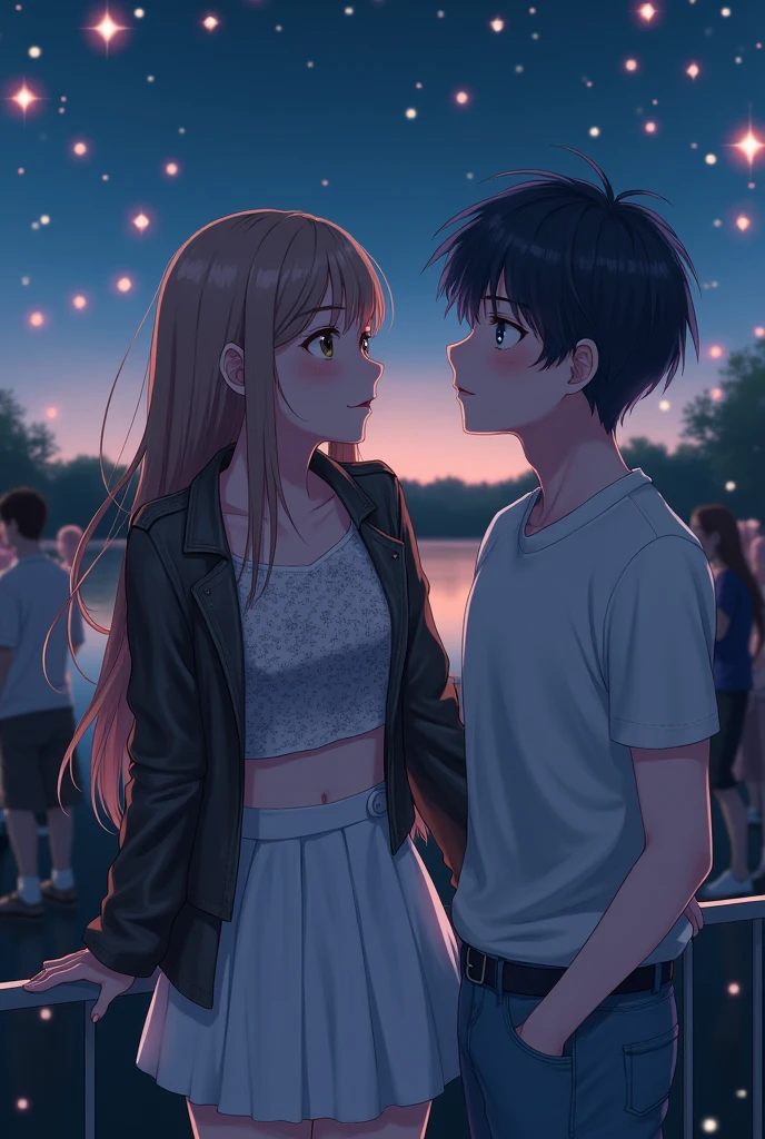 Background of a lake with floating lights in the sky while it's night. A light brown-haired girl with long hair, amber eyes, and a slight pink hue on his cheeks. With a white skirt above her knees, and a sleeveless, short floral shirt, with a leather jacket on top, but let it be big. a black haired boy, Blue-eyed, and some light freckles on his face, with a white shirt and jeans that aren't too tight. The girl is smiling with her head raised towards the sky while resting her elbows on a Serca . While the boy silently watches her.. She is distracted and doesn't realize that he is looking at her with a twinkle in his eye. Around them are many people. The boy is taller than the girl, and he watches her while she is distracted. He has his eyes on her.