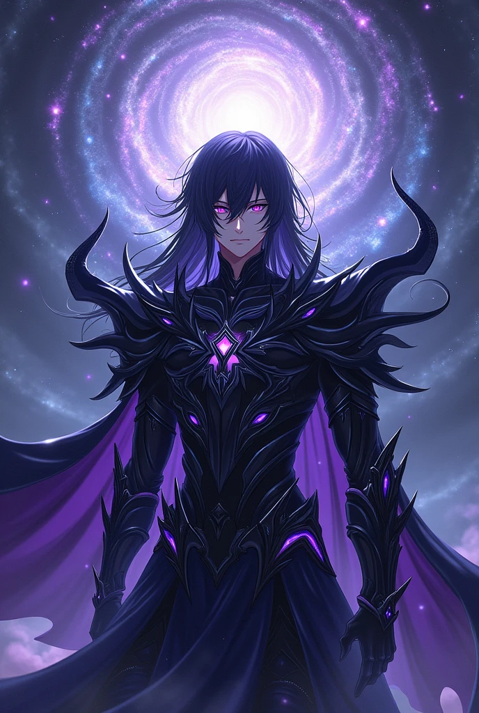 A male anime character with dark powers, long hair, red flames, black armor with purple details,
positioned in the center of a swirling cosmic vortex. This being exudes an aura of invincibility, with a majestic and imposing presence that extends across multiple dimensions. Ialdabaoth is adorned in intricate, shimmering armor that reflects the stars, with ethereal, energy-like tentacles extending from its back. His eyes shine with a bright, otherworldly light, and the environment around him warps under his immense power. The background is a mesmerizing mix of deep space and ever-shifting dimensional rifts., showing its multidimensional nature.