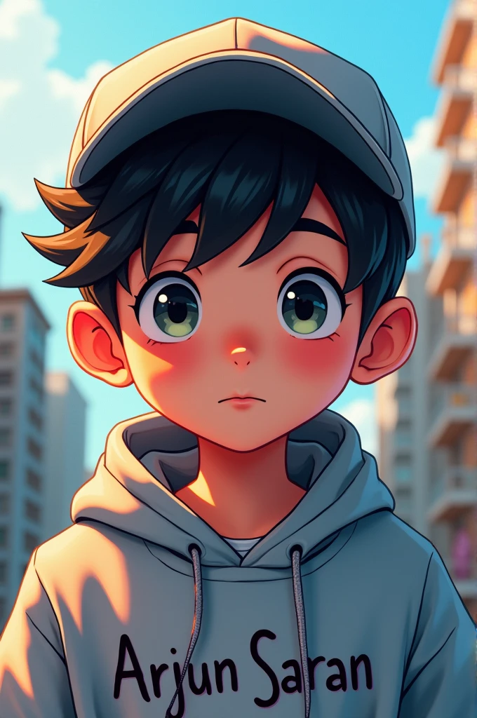 An anime boy, wearing a hoodie, a cap on his head, Arjun Saran written on the hoodie,