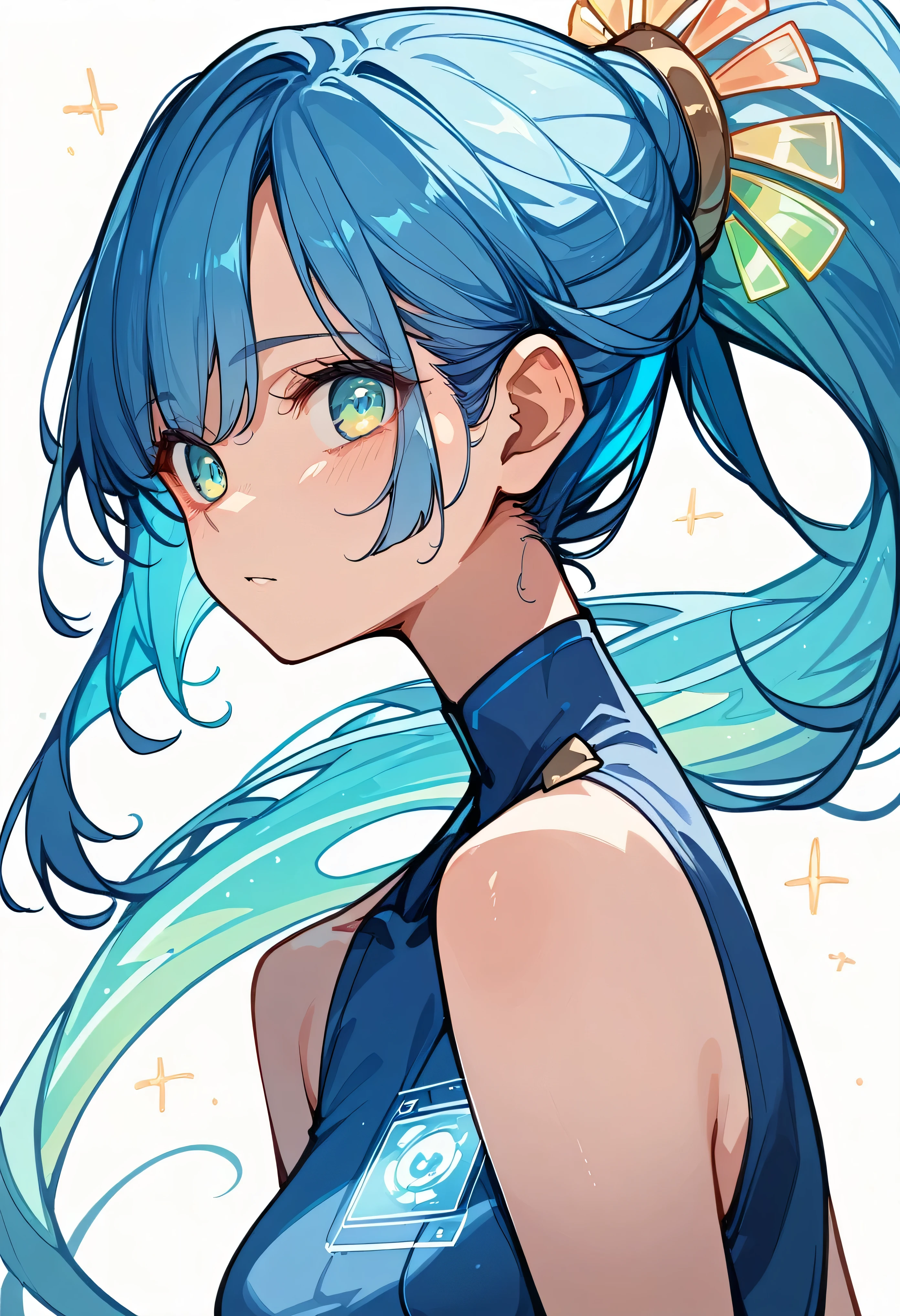((Holographic glow effect))、Look Up、Blue Hair、Masterpiece、Best Quality、1 person、Medium breast、((Album cover))、Light on Face、Slim Body、Blue dress、ponytail