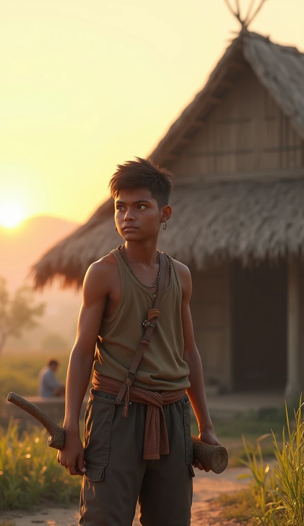 One early morning, 20 year old man standing in front of thatched house, holding sickle and necessary tools. The sky is still pale, the sun just rose.hình 3d 