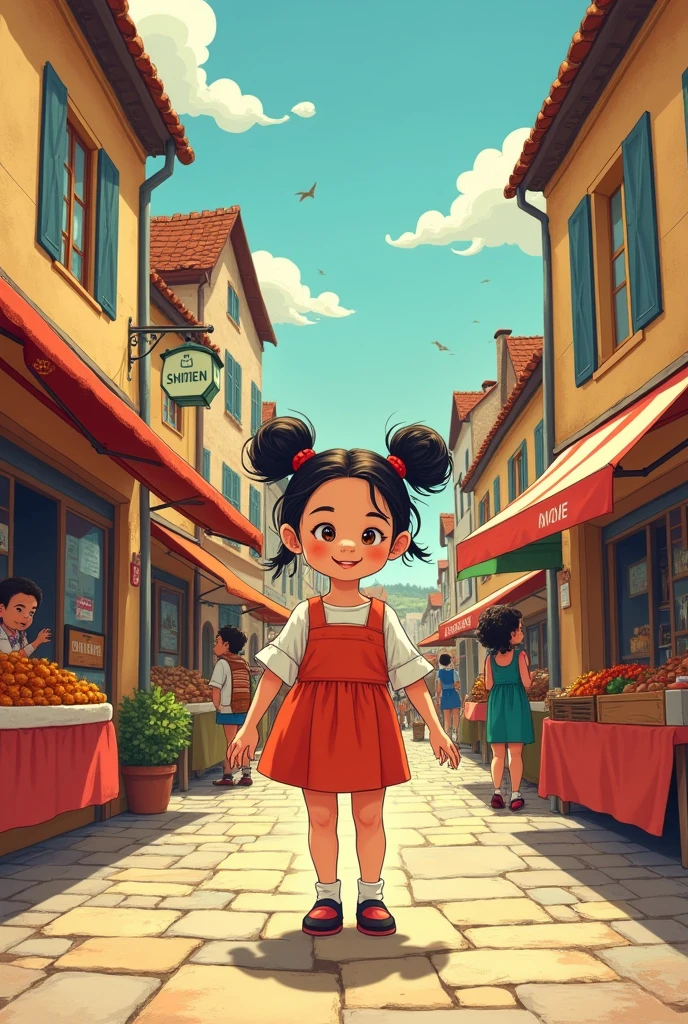 crrer une affiche de cinema , type bande dessiné des Martine de casterman en 1970 de gabriel Delahaye. on voit une de 8 ans faire le marché.
Le titre du film est " Emilie fait son marché à Entre-Deux-Guiers " " Le Vendredi"