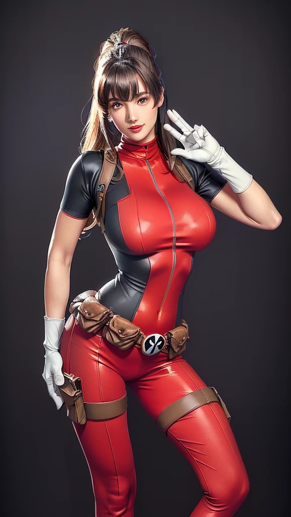 (（（Perfect body,White and tender skin,（（（BodySuit_lady_deadpool_ownwaifu，bodysuit, skin tight, superhero, Belt Pouch, utility belt, red bodysuit, gloves, weapon on back, thigh pouch, thigh strap, thigh holster, belt buckle, turtleneck,  ）））,（（（ailisha，Black long hair, super long hair, slanted bangs, brown eyes, red lips））），((masterpiece)),high resolution, ((Best quality at best)),masterpiece,quality,Best quality,（（（ Exquisite facial features,Looking at the audience,There is light in the eyes,Smile））），Open your hands,bend over）））,（（（Light and shadow,Huge breasts，）））,（（（Looking at the camera,black background,)））),