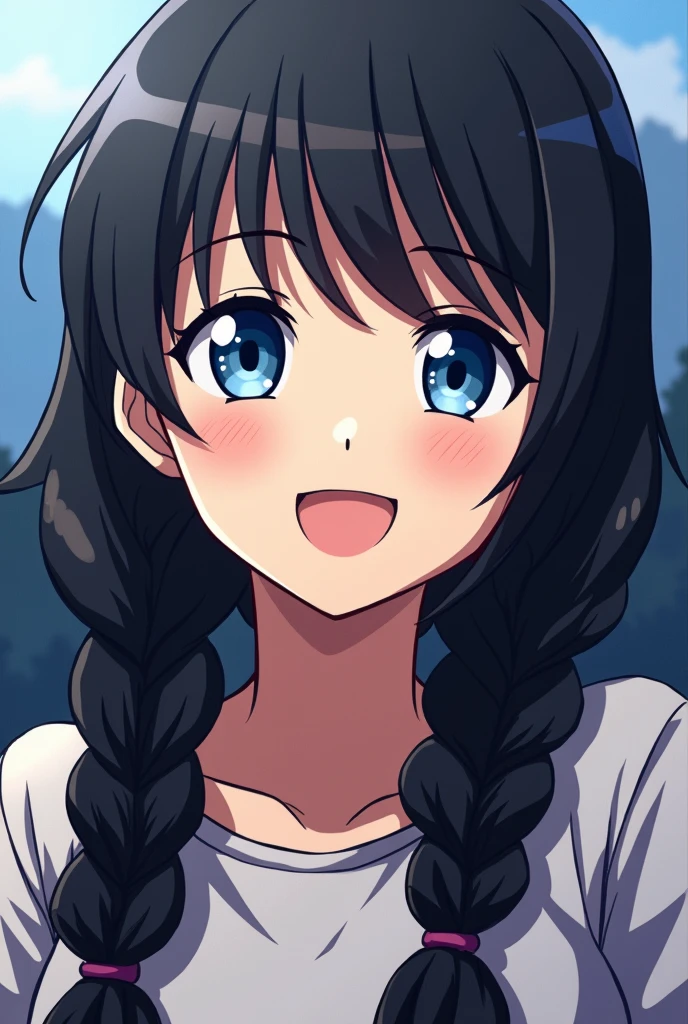 Hunter x hunter anime style girl Similar to Killa with long braided dark hair and blue eyes similar to Killa smiling