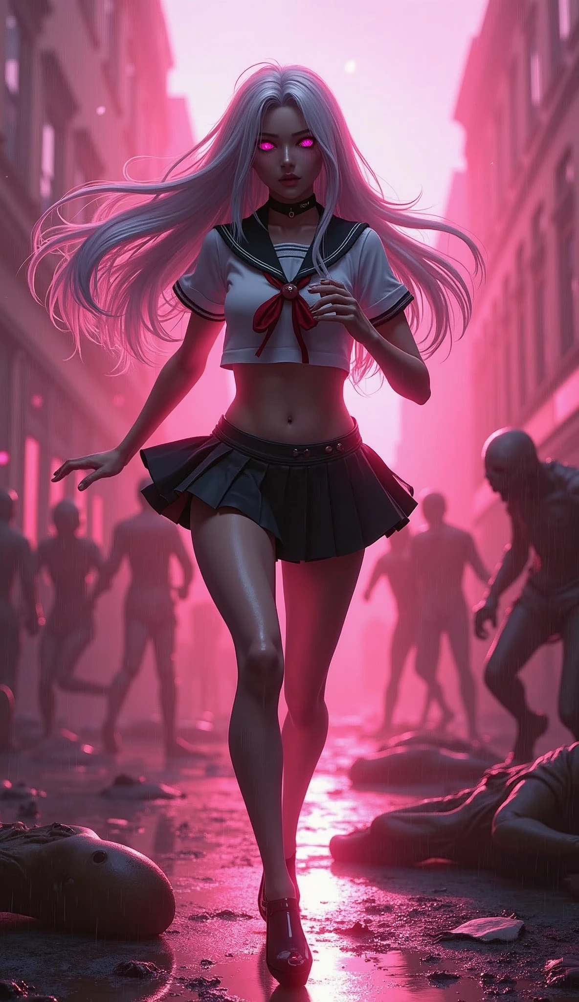 photorealistic,Realistic illustration in Modelshoot style,((masterpiece)),((The best quality)),((Ultra Quality)),((ultra detailed)),((1girl long white hair)),((Only)),((waifu:1.5)),Perfect anatomy,perfect hands,beautiful cuerpo,beautiful_method,ulzzang-6500-v1,e-chica,((Exceptionally Beauty Waifu Princess Tifa Lockhart running terrified in a devastated city being chased by a group of horrible and scary zombies)),(((zombis,A crowd of horrible and terrifying zombies watching and running after her piled up with each other to catch up with her...))),in a cosplay,wet clothes,Woman body set big breasts, ((Beauty Sexy Body, Sexy Hips)), ((Wolf Ears)), ((Sexy School Girl Uniform, Sailor Miniskirt, Pantyhose, High Heels)),((bright-pink_eyes)),long wavy hair, ((white hair)),hair clips,eyeliner,cute makeup,lipstick,Glossy lipstick,with a look of terror, worry and sadness,((eyes detallados perfectos)),rainy with fog outside,evening,pink theme,bioluminiscencia,light particles,((Extremely CG Unity 8K Wallpaper)),((cinematic lighting,Best quality lights)),intricate details,Suave,sharp focus,Extremely beautiful and aesthetic,Octane rendering,Full length portrait,damp skin,((Perfect detailed body)),