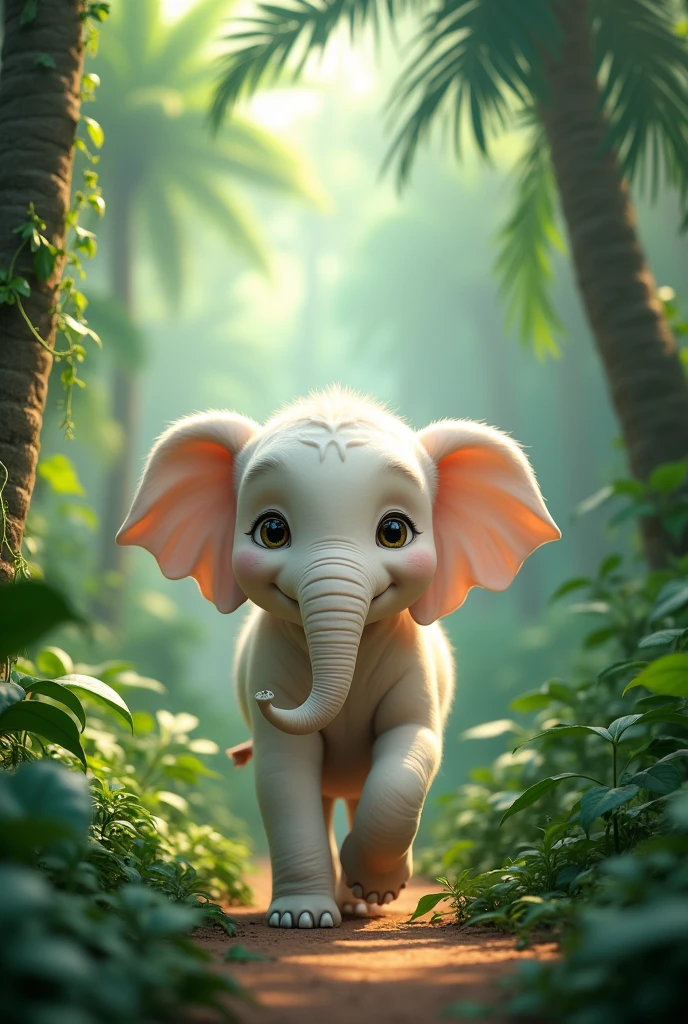 Cute white elephant walking in jungle long distance
