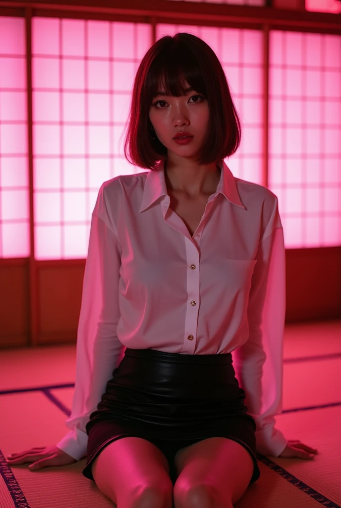 ((Japanese actress))　((Plump and Shiny Lips))　Big Breasts　((Short brown hair with bangs))　((Looking into the camera))　Sit with your legs apart　((White button shirt and black enamel tight skirt))　　Low-angle shot of a person standing facing forward　look down　((A bedroom with shoji and tatami mats lit up in pink neon lights))　