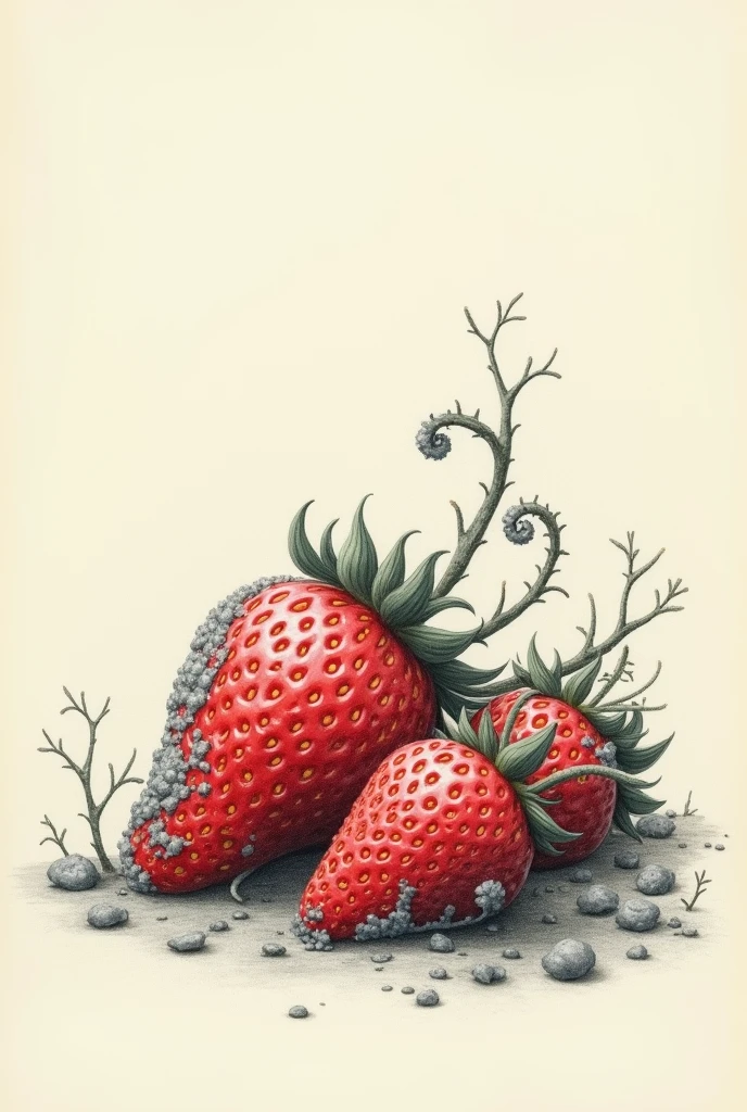 Strawberries with a sad face because they have a gray mold on them, tender drawing