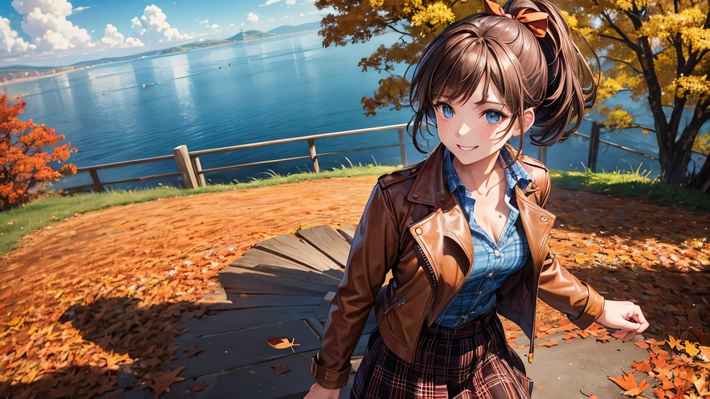 1girl, solo, trees, sun, clouds, autumn, colorful trees, falling leaves, ((brown hair)), ponytail, large breasts, ((brown leather jacket)), button down shirt, ((blue checked shirt)), ((unbuttoned shirt)), unbuttoning buttons, cleavage 1:3, blue eyes, long skirt, brown boots, smile, happy, looking at the viewer, walking, upper view, hair ribbon, golden necklate