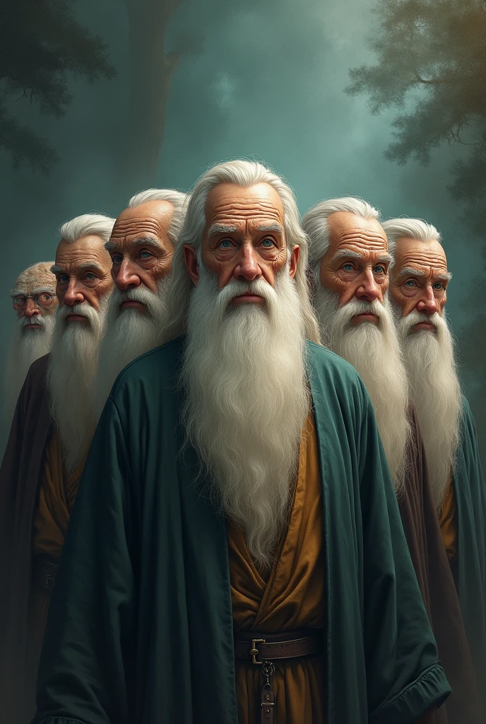 Seven wise old men one after the other with a mysterious and enchanting appearance. He has a white, well-groomed beard, his face is marked by wrinkles that tell stories of a long life full of wisdom. His eyes are clear, as if they held the secrets of the universe, radiating a deep serenity and knowledge. He wears a simple robe, yet elegant, that reinforces his aura of mystery and beauty. With a mysterious background that evokes wisdom