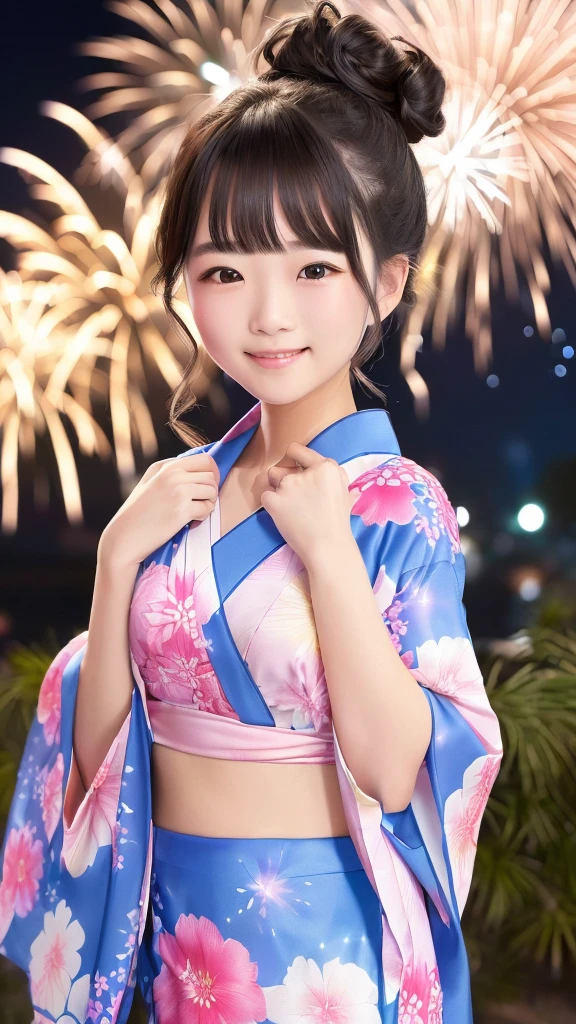 Against the background of fireworks、A scene of a cute girl in a yukata looking up at the sky.。She is wearing a brightly colored yukata,、with a light shawl draped over her shoulders.。Her hairstyle is a bun or tied to the side,、She has summery hair accessories.。The girl's expression is a mixture of surprise and joy, a gentle smile.。The fireworks in the background illuminate the night sky with vibrant colors.、You can see colorful fireworks blooming in the sky.。overall、highlighting the fun summer atmosphere and cuteness of the composition.。