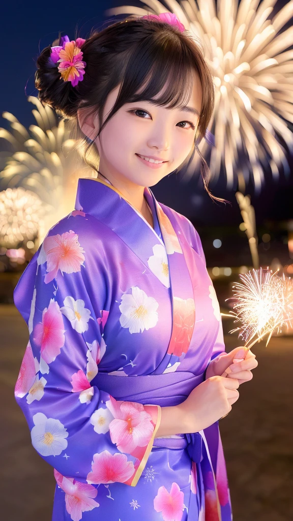 Against the background of fireworks、A scene of a cute girl in a yukata looking up at the sky.。She is wearing a brightly colored yukata,、with a light shawl draped over her shoulders.。Her hairstyle is a bun or tied to the side,、She has summery hair accessories.。The girl's expression is a mixture of surprise and joy, a gentle smile.。The fireworks in the background illuminate the night sky with vibrant colors.、You can see colorful fireworks blooming in the sky.。overall、highlighting the fun summer atmosphere and cuteness of the composition.。