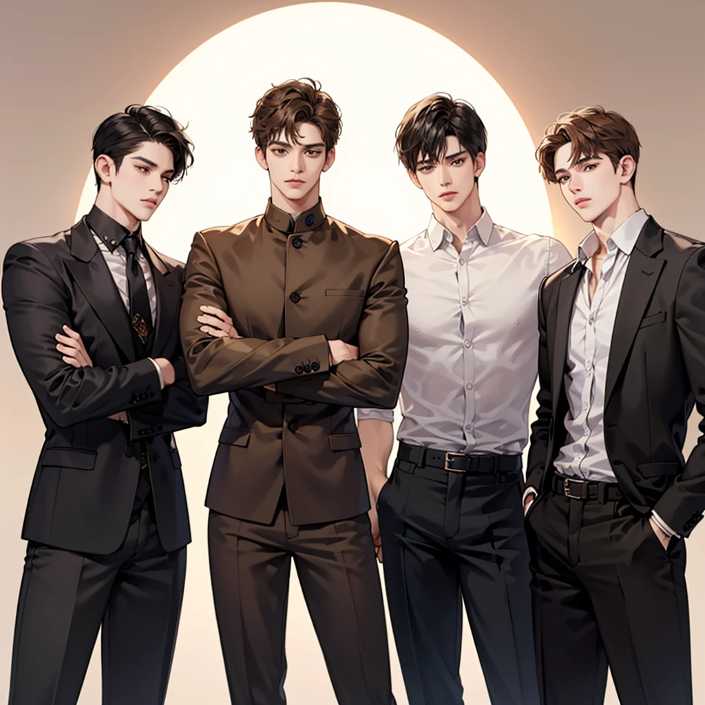 Four boys, black hair, brown eyes, brown background, high resolution, brown hair, stand in a line.., เสื้อยืดเรียบๆ, shut your mouth, handsome, cool,มองตรง,