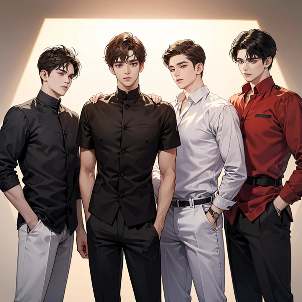 Four boys, black hair, brown eyes, brown background, high resolution, brown hair, stand in a line.., เสื้อยืดเรียบๆ, shut your mouth, handsome, cool,มองตรง,
