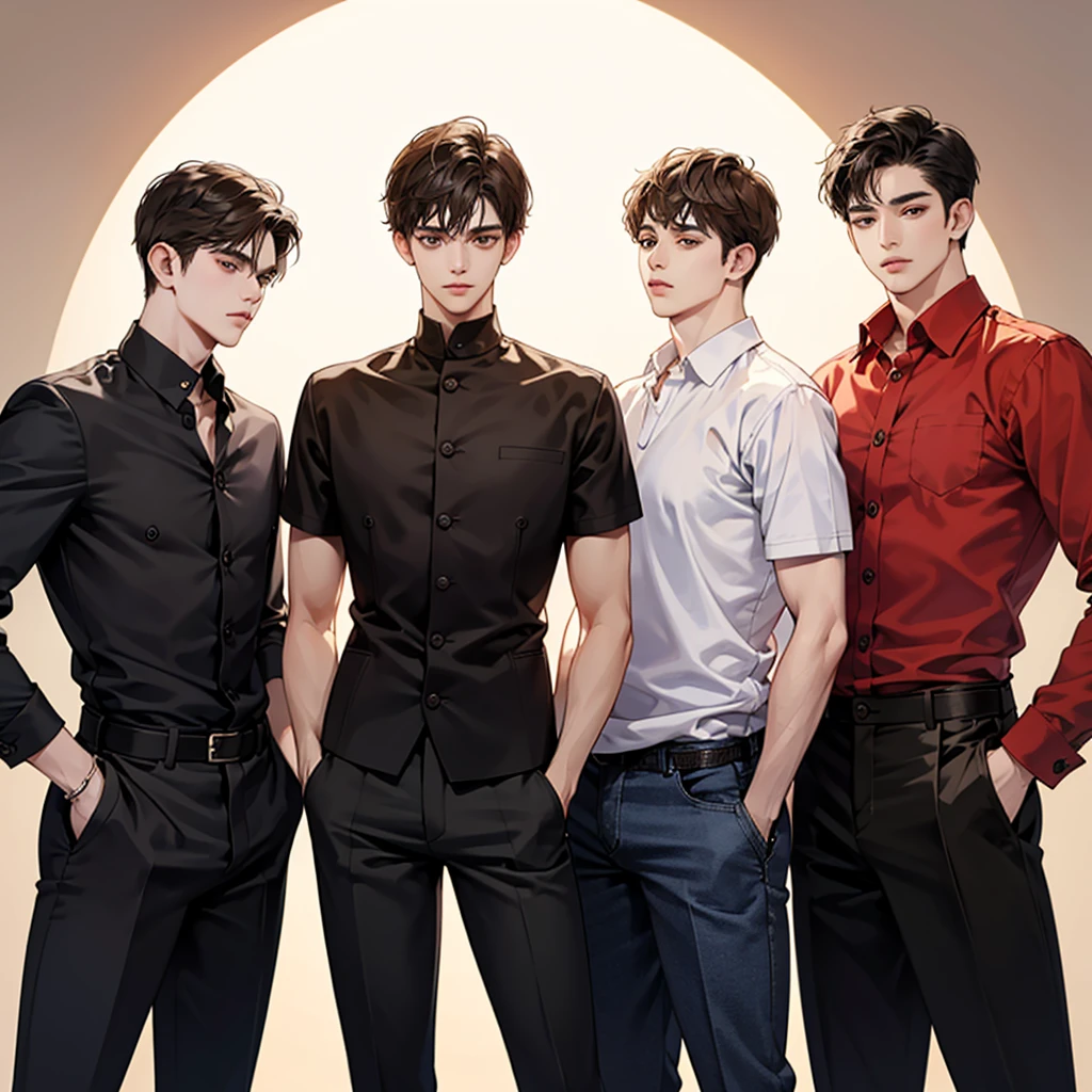 Four boys, black hair, brown eyes, brown background, high resolution, brown hair, stand in a line.., เสื้อยืดเรียบๆ, shut your mouth, handsome, cool,มองตรง,

