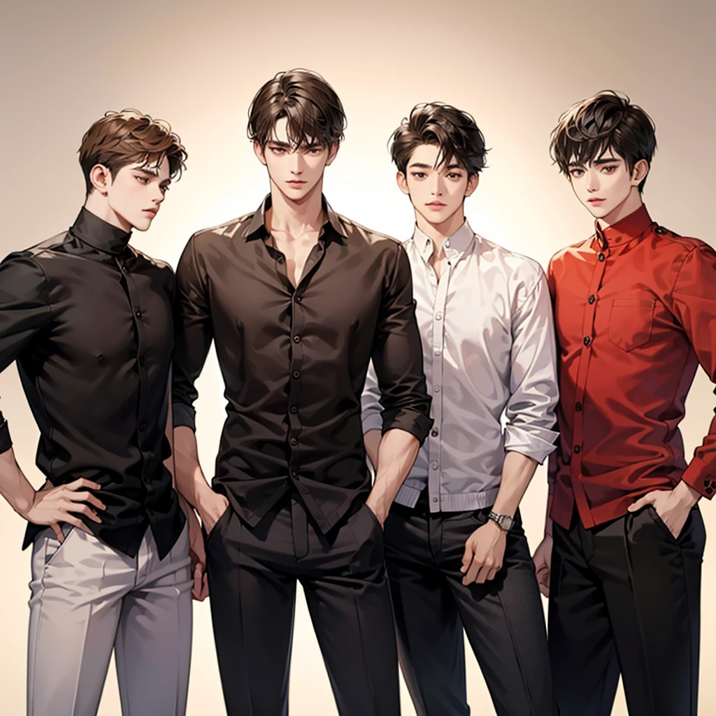 Four boys, black hair, brown eyes, brown background, high resolution, brown hair, stand in a line.., เสื้อยืดเรียบๆ, shut your mouth, handsome, cool,มองตรง,