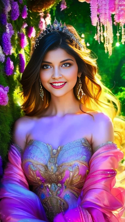 (a beautiful woman in a stunning gown of flowing silk with a radiant smile and captivating eyes),vibrant colors,highres,ultra-detailed,sharp focus,soft lighting,realistic,fantasy-inspired,portraits,subtle color palette,ethereal glow,fairytale,graceful,pastel shades,enchanted garden,lovely flowers,twinkling lights,whimsical ambiance