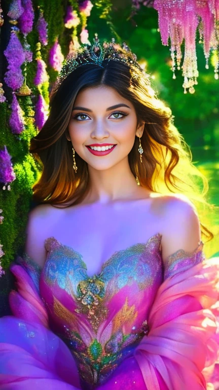 (a beautiful woman in a stunning gown of flowing silk with a radiant smile and captivating eyes),vibrant colors,highres,ultra-detailed,sharp focus,soft lighting,realistic,fantasy-inspired,portraits,subtle color palette,ethereal glow,fairytale,graceful,pastel shades,enchanted garden,lovely flowers,twinkling lights,whimsical ambiance