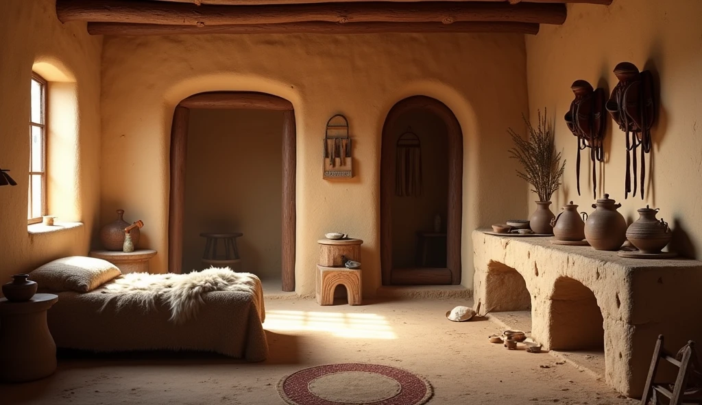 a backdrop for a stage set, it's inside an adobe house, on the right is the stone kitchen, pot and utensils and to the left in the same room is the bed with sheepskin blankets not so exaggerated and above a window,without appliances, that the mud walls can be seen, Two saddles are hanging on the wall above the bed. 
