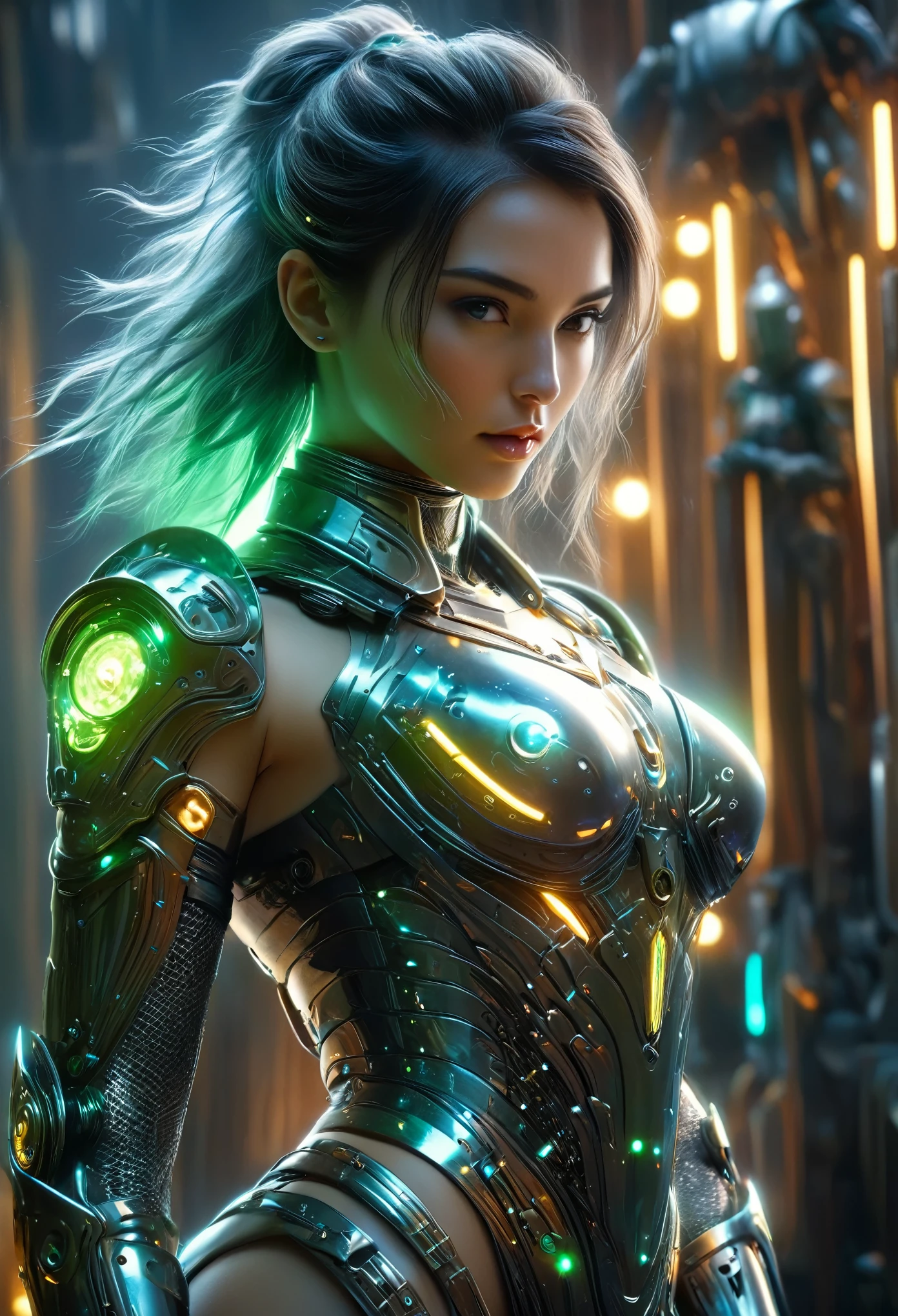 (Best Quality, 4K, 8K, High Resolution, Masterpiece: 1.2), (Super Detailed, Realistic, Photorealistic:1.37), A woman in futuristic clothing, (erotic and sexy:1.4), Trending on cgstation, Trending on cgstation, (Portrait of a girl in the Knights of the Zodiac:1.4), (blunt bangs:1.7), Cute Cyborg Girl, Perfect android girl, Portrait Astronaut Girl, Beautiful girl cyborg, Girl wearing iridescent and emerald mechanical cyber armor, Game CG, cgsociety and fenghua zhong, Beautiful Cyborg Shrine Maiden, Bioluminescence, (Gal Gadot:0.6), Anatomically correct grip, Anatomically correct four fingers and one thumb, (long claws:1.4), erotic and sexy, 