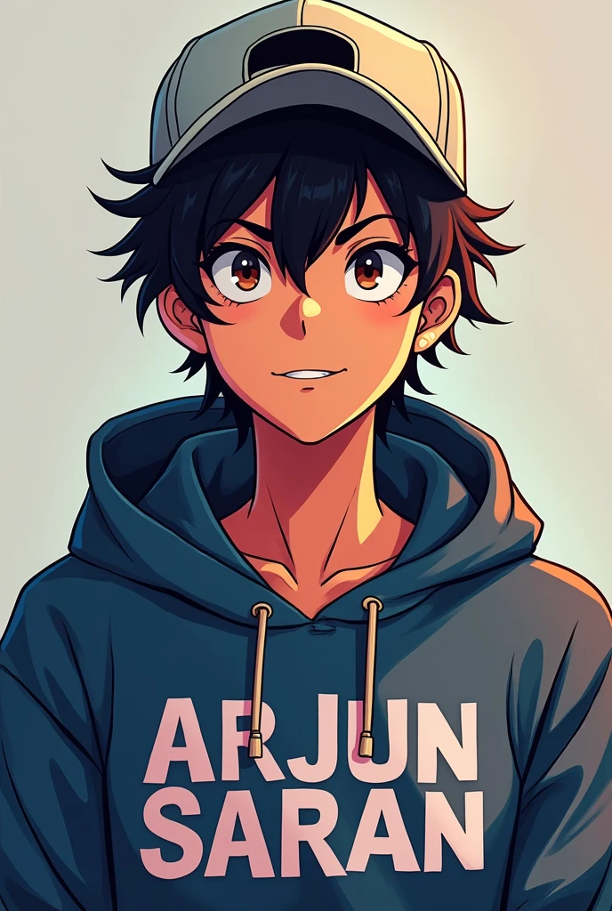 An anime man, wearing a hoodie, a cap on his head, Arjun Saran written on the hoodie,