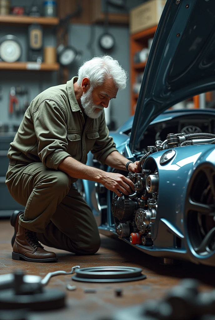 White-haired man with tools fixing a sports car 