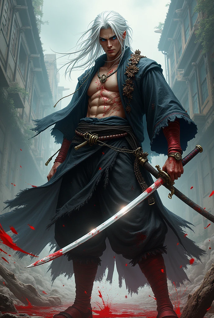 As Gojo Satoru with a katana and heavily injured