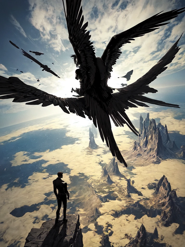 The back of a man with two jet-black wings, flying through the air and gazing upon a vast, uncharted continent from above.
