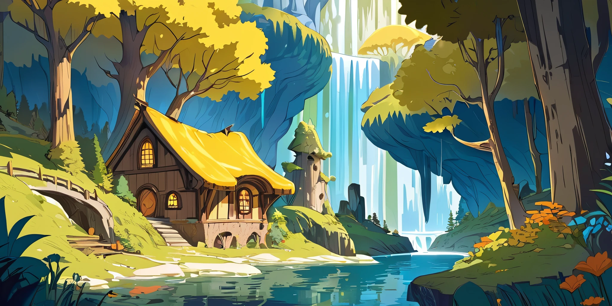 Draw a lofi anime poster, village hobbit, grotte, décoration de fée, cascade, lumière, forêt de mousse, stalactite, stalagmite, belle palette de couleurs marron jaune, couleurs saturées vibrantes, œuvre d'art, Aucun humain, thème anime