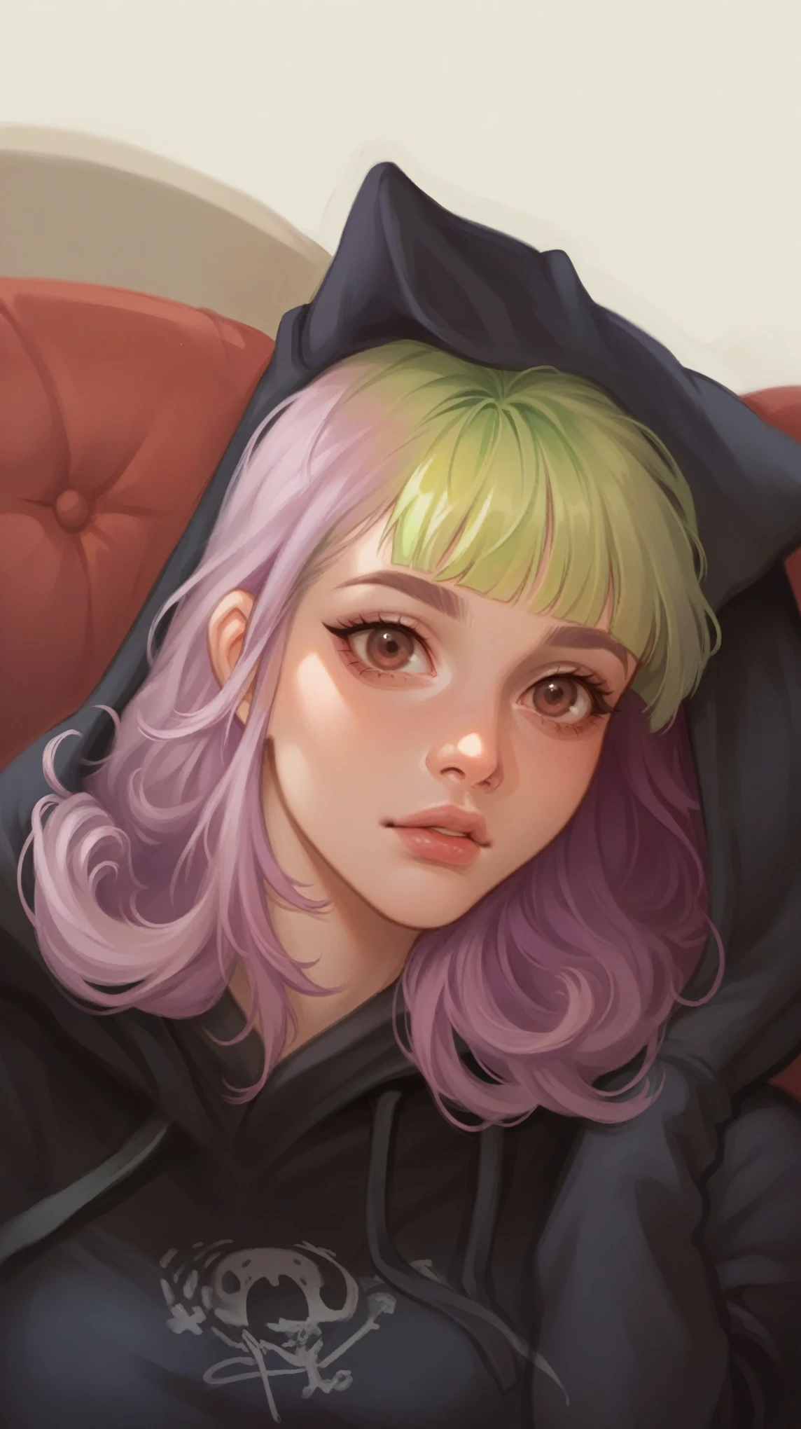 1girl, green hair roots and purple hair, brown eyes, soft lips, green haired girl with purple hair and a black hoodie, belle delphine, portrait of kim petras, green hair with purple highlights, with purple hair, looks realistic, cute girl with short pink hair, kawaii realistic portrait, charli bowater, looks a blend of grimes, melanie martinez, in style of petra collins