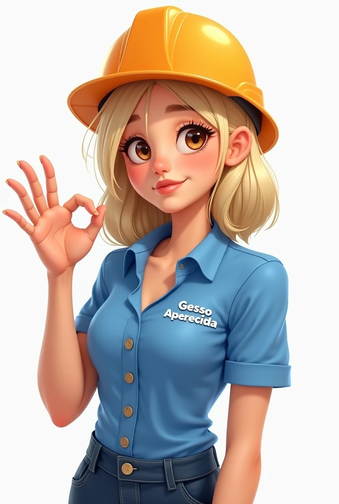 A blonde woman with shoulder length hair, brown-eyed, small, thin without chest and fluffy with a blue shirt that says "Gesso Aparecida" wearing a construction hat on their head and making an okay sign with their hand 