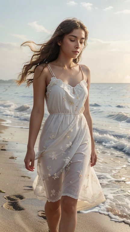 Little fairy standing on the seashore,Wear hair accessories,Lace floral dress,High heel,Charming,sweet and cute,Soft skin,The facial features are realistic and delicate,The beach is full of flowers,Starry Night,Dream Scene Photography,8K Ultra HD picture quality,Real-life photography