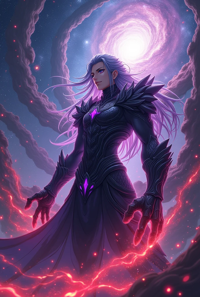 A male anime character with dark powers, long hair, red flames, black armor with purple details, with a gauntlet in his left hand
positioned at the center of a swirling cosmic vortex. This being exudes an aura of invincibility, with a majestic and imposing presence that extends across multiple dimensions. Ialdabaoth is adorned in intricate, shimmering armor that reflects the stars, with ethereal, energy-like tentacles extending from its back. His eyes shine with a bright, otherworldly light, and the environment around him warps under his immense power. The background is a mesmerizing mix of deep space and ever-shifting dimensional rifts., showing its multidimensional nature.