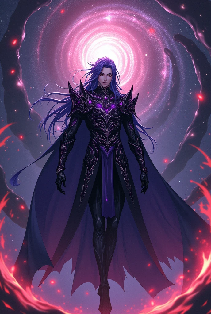 A male anime character with dark powers, long hair, red flames, black armor with purple details, with a gauntlet in his left hand
positioned at the center of a swirling cosmic vortex. This being exudes an aura of invincibility, with a majestic and imposing presence that extends across multiple dimensions. Ialdabaoth is adorned in intricate, shimmering armor that reflects the stars, with ethereal, energy-like tentacles extending from its back. His eyes shine with a bright, otherworldly light, and the environment around him warps under his immense power. The background is a mesmerizing mix of deep space and ever-shifting dimensional rifts., showing its multidimensional nature.