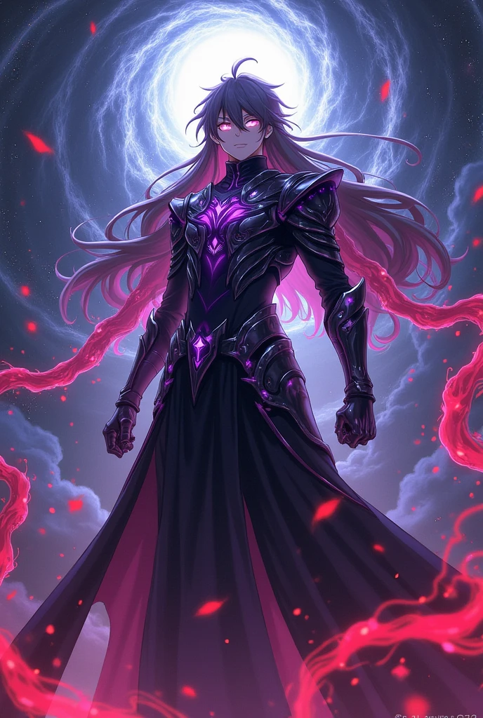 A male anime character with dark powers, long hair, red flames, black armor with purple details, with a gauntlet in his left hand
positioned at the center of a swirling cosmic vortex. This being exudes an aura of invincibility, with a majestic and imposing presence that extends across multiple dimensions. Ialdabaoth is adorned in intricate, shimmering armor that reflects the stars, with ethereal, energy-like tentacles extending from its back. His eyes shine with a bright, otherworldly light, and the environment around him warps under his immense power. The background is a mesmerizing mix of deep space and ever-shifting dimensional rifts., showing its multidimensional nature.