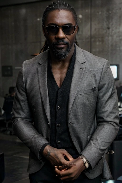 A elegant black man dressed with a grey sweater and grey office suit throusers, pulled back shaggy scaled mullet air style, wearing black sunglasses,goatee beard, cyberpunk left arm, cyberpunk solomon Reed, Nikki sixx, Idris Elba